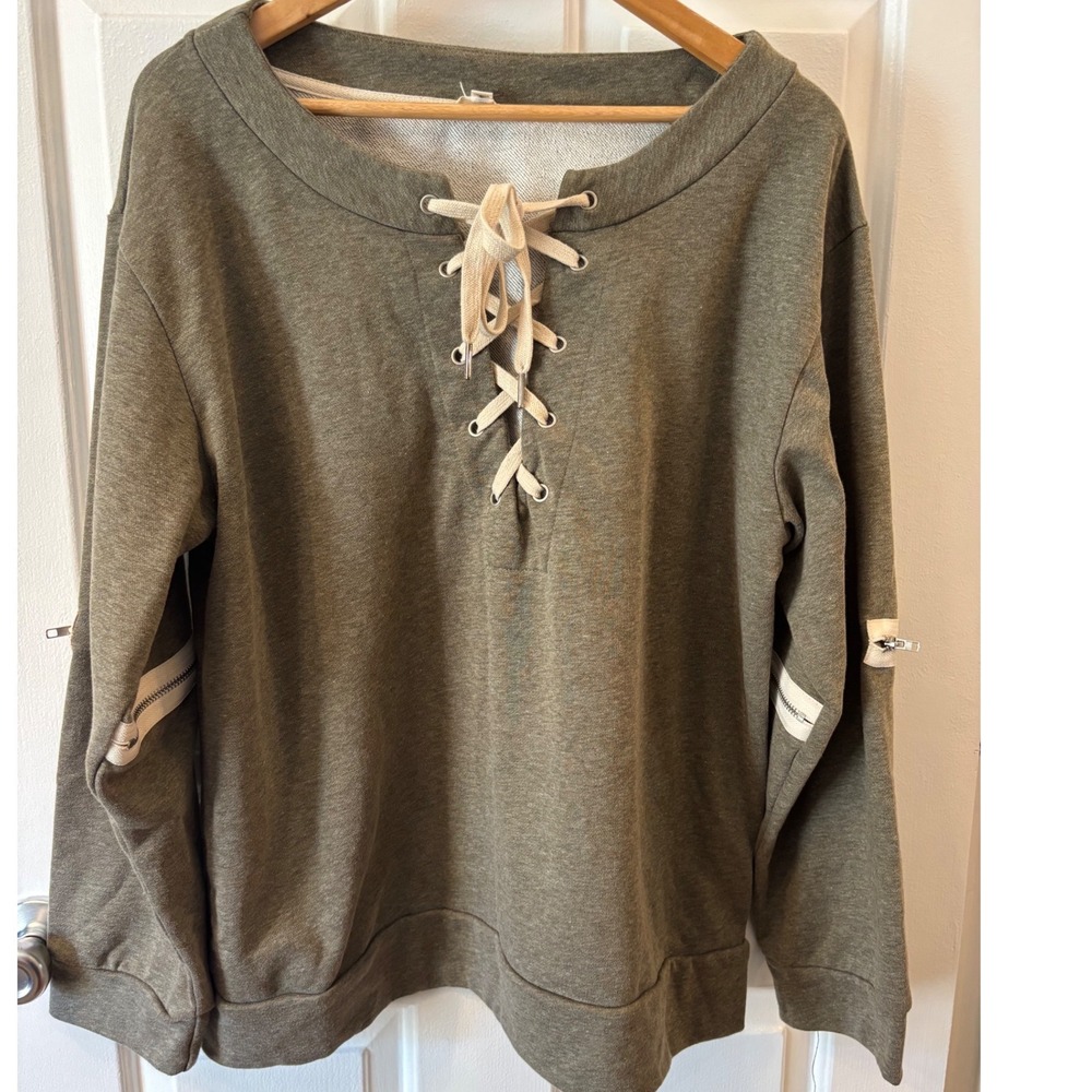 POL Womens Lace Up Front Sweatshirt Olive Green Zipper Sleeve Detail Large